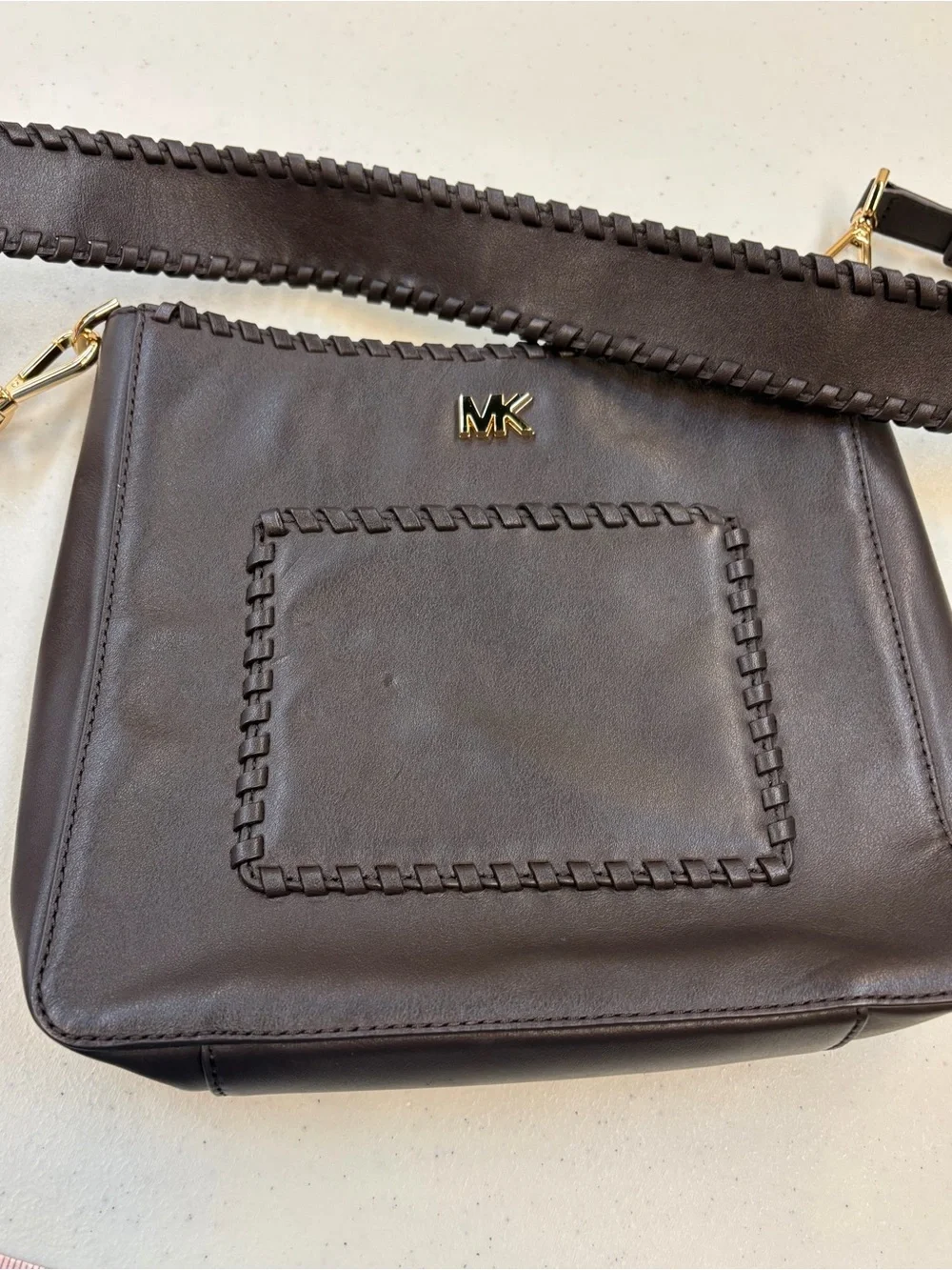 Michael Kors Medium Pocket Pack Crossbody Brown Leather Whipstitch Bag